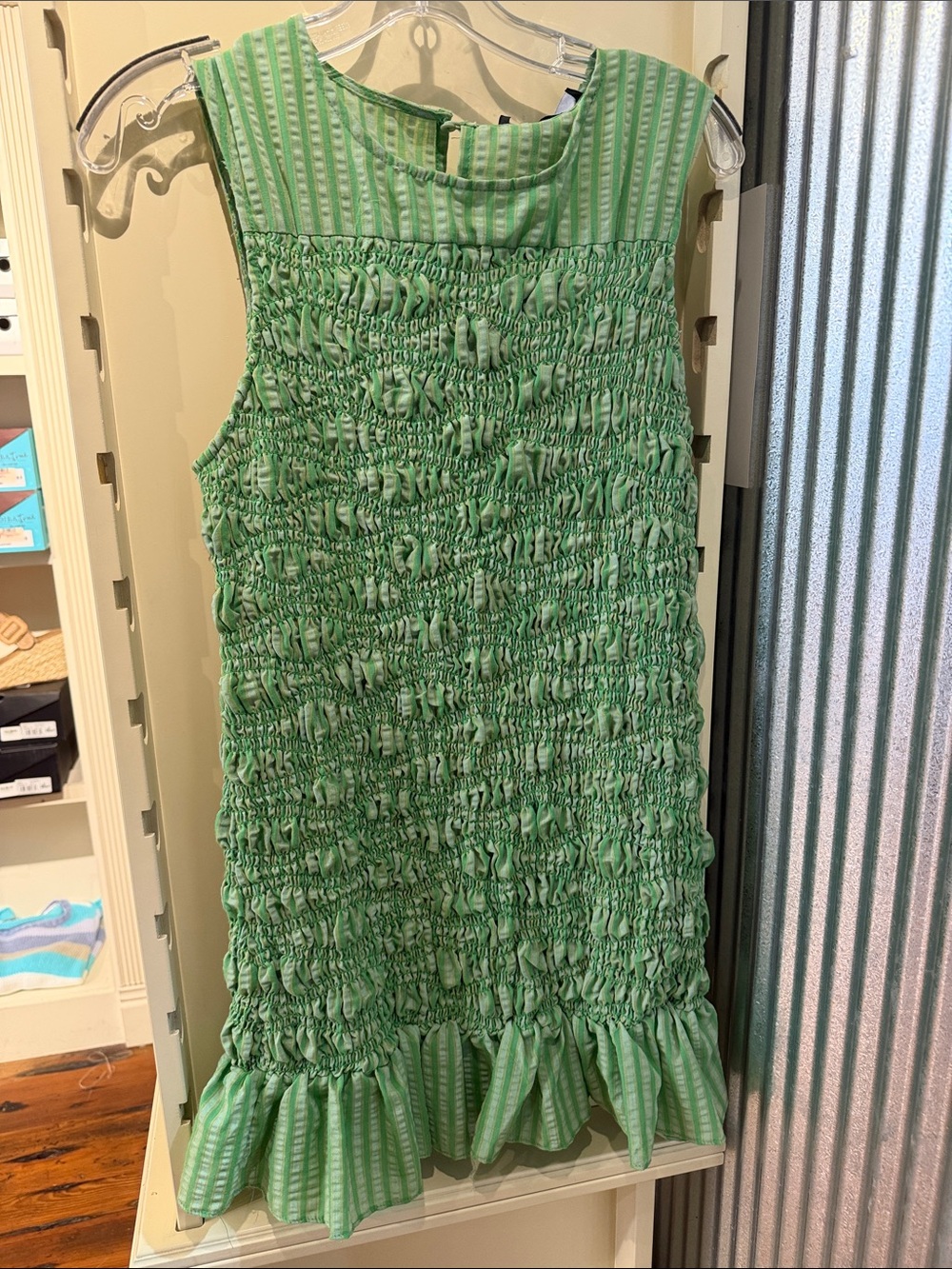 Smocked Green Sleeveless Mini Dress with Ruffle Hem